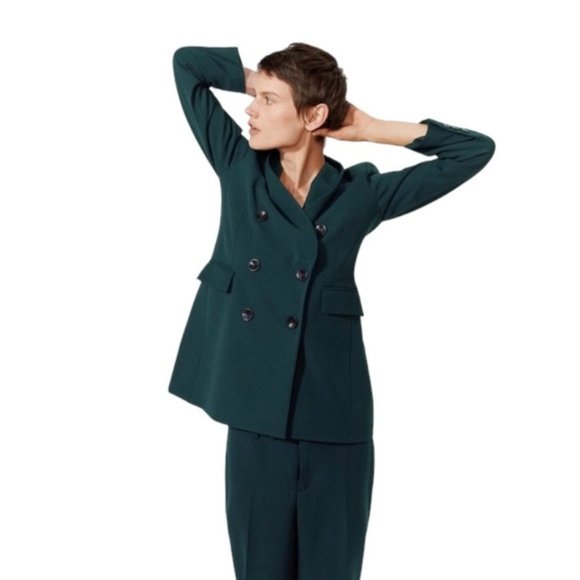 Zara Blazer‎ Jacket Women's Size Large Dark Green Structured Double-Breasted - Picture 1 of 10